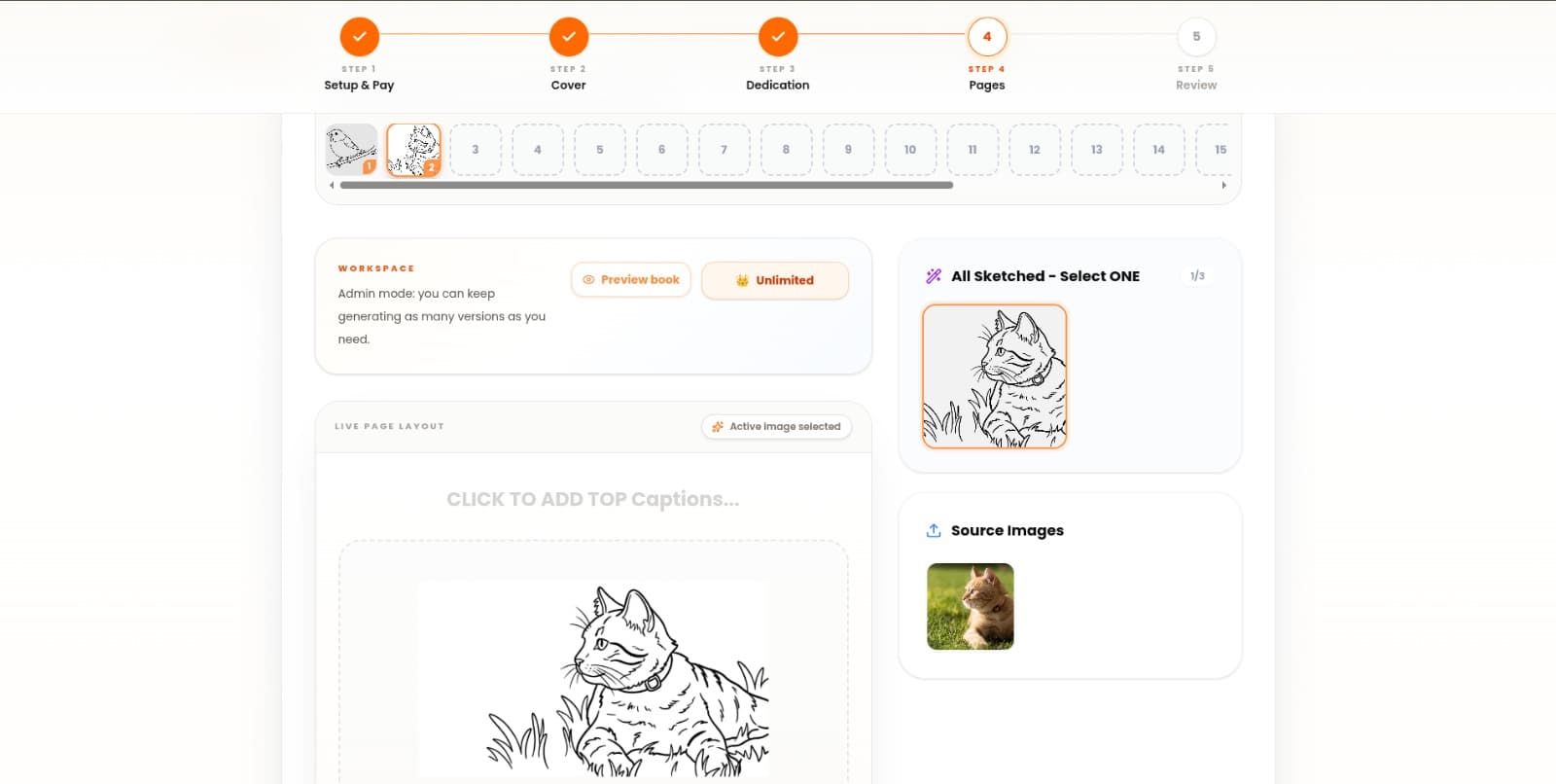 sktchLABS book builder with the page editing workspace and generated cat line art